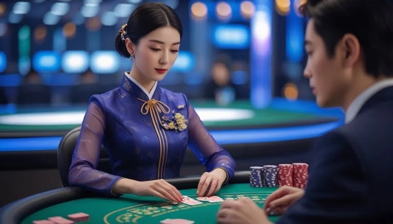 한국어 딜러와 플레이어가 실시간 바카라 테이블에서 게임을 진행 중인 장면